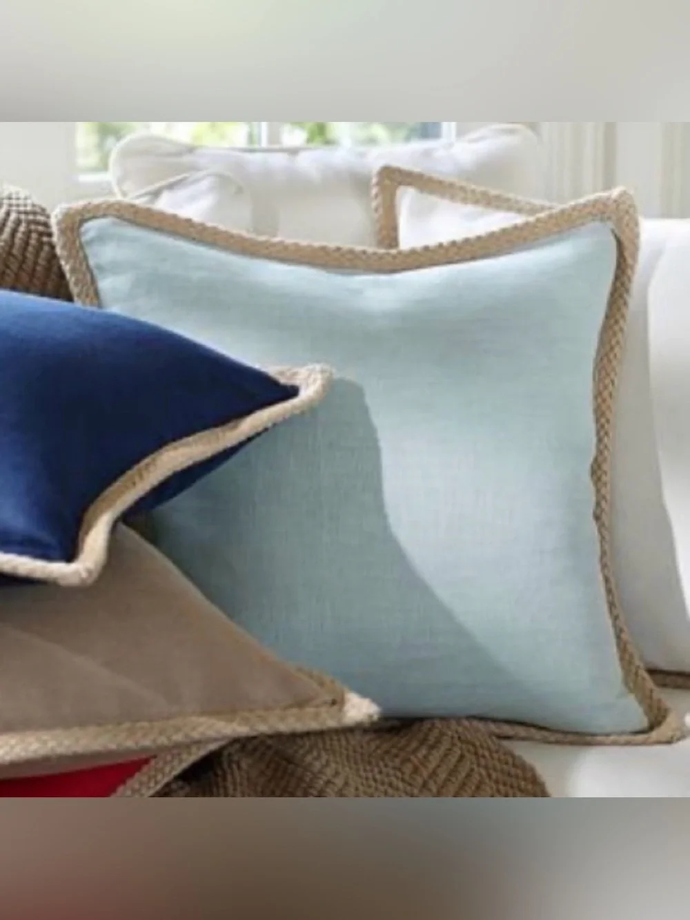 Set of 2 Like new Pottery Barn Linen Jute Trim Pillow & Feather inserts